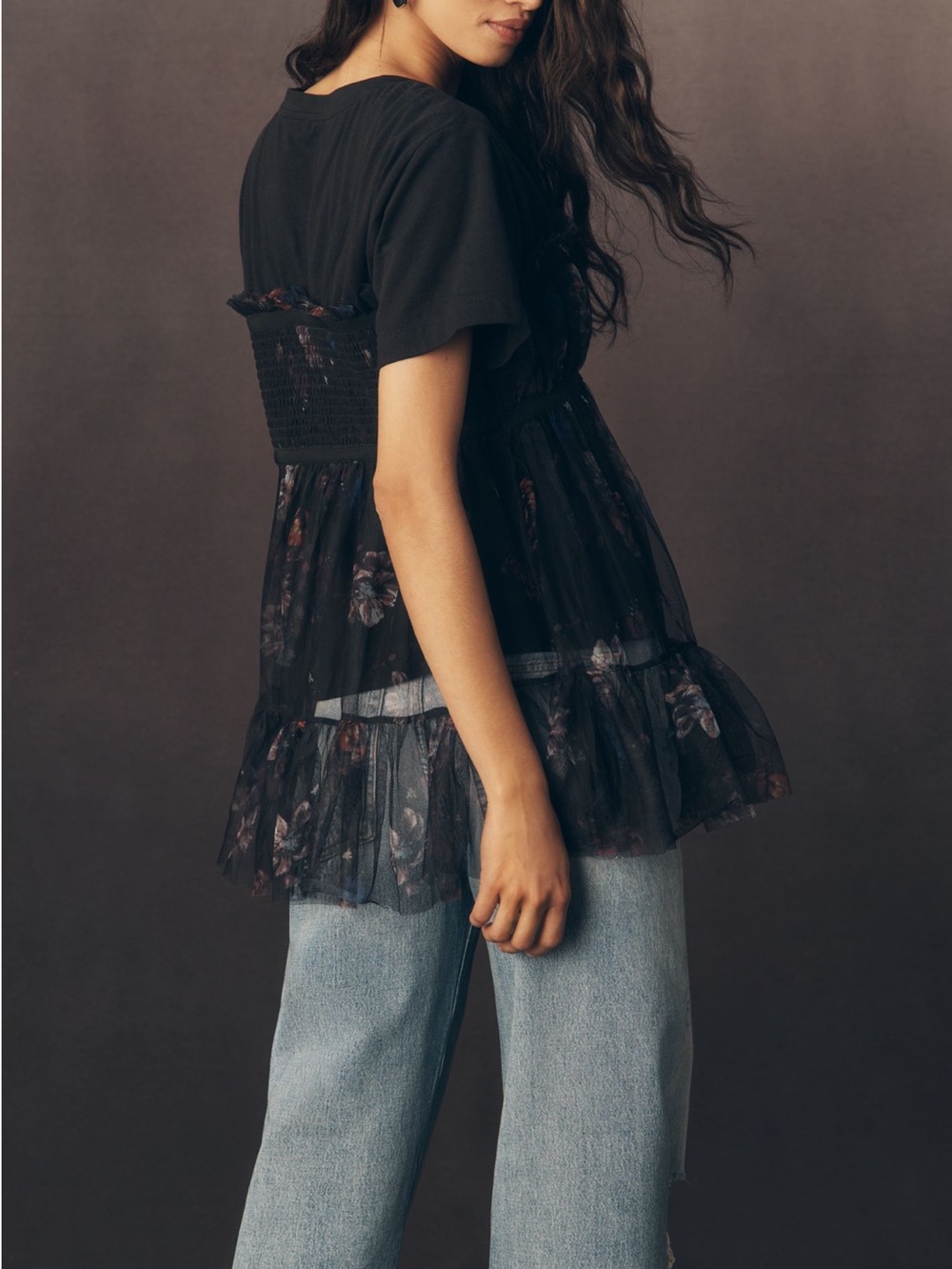 Anthropologie Tulle Short Sleeve Tee Tiered Bow New Medium Black Floral - Picture 3 of 13